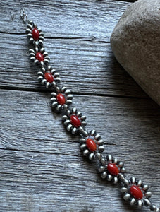 Floral Sterling Silver Red Bamboo Coral Pearls Bead Bracelet. 6 Inch