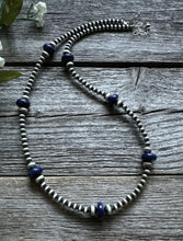 Load image into Gallery viewer, Southwestern Sterling Silver Lapis 4mm Pearls Bead Necklace. 18 Inch. Gift