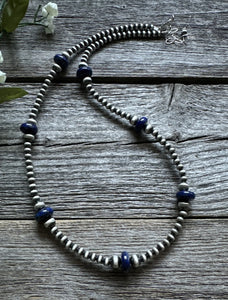 Southwestern Sterling Silver Lapis 4mm Pearls Bead Necklace. 18 Inch. Gift