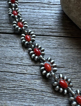 Load image into Gallery viewer, Floral Sterling Silver Red Bamboo Coral Pearls Bead Bracelet. 6 Inch