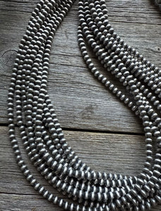 4mm Multi 10 Strand 925 Sterling Silver Oxidized Pearls Bead Necklace 24 Inch