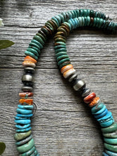 Load image into Gallery viewer, Sterling Silver Graduated Blue Green Turquoise Spiny Bead Necklace. 18 inch