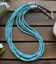 Load image into Gallery viewer, Sterling Silver Multi Strand Blue Turquoise Bead Necklace. 24 inch. Gift