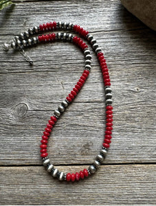 Southwestern 925 Sterling Silver Red Coral 6mm Pearls Bead Necklace 18 Inch
