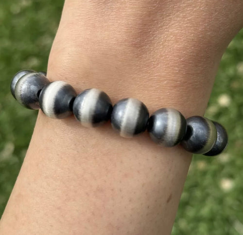 12mm 7 Inch Stretch Sterling Silver Oxidized Pearls Bead Bracelet Southwestern