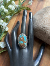 Load image into Gallery viewer, Native American 925 Sterling Silver Turquoise Ring. Size 8 Adjustable Leslie Nez