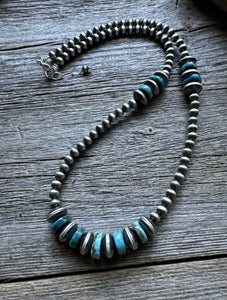 Sterling Silver Blue Turquoise W 5mm Pearls Bead Necklace. 18 inch