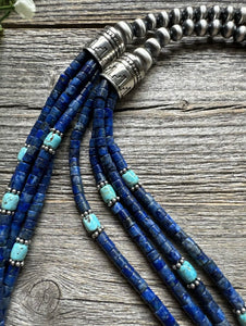 Sterling Silver Multi Strand Lapis  Turquoise Pearls Bead Necklace. 24 inch