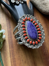 Load image into Gallery viewer, Tonya Rafael Navajo Sterling Silver Purple Charoite Red Coral Cuff Ring Set