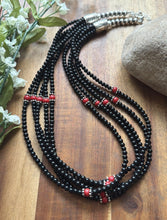 Load image into Gallery viewer, Sterling Silver Multi Strand Black Onyx Red Coral Bead Necklace. 22 Inch