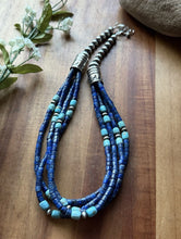 Load image into Gallery viewer, Sterling Silver Multi Strand Heishi Lapis Turquoise Pearls Bead Necklace 18 inch