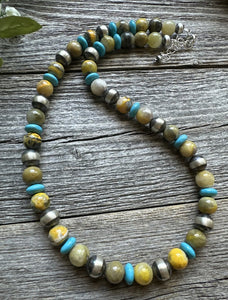 Sterling Silver Bumblebee Jasper Turquoise W Pearls Bead Necklace. 18 inch