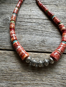 Sterling Silver Graduated Multi Stone Spiny Oyster Heishi Bead Necklace 18 inch