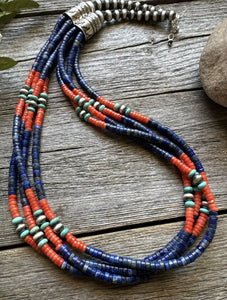 Sterling Silver Multi Strand Stone Lapis Bead Necklace. 24 inch