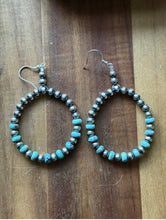 Load image into Gallery viewer, Southwestern Sterling Silver Turquoise Pearls Bead Hoop Earrings. Gift 3.25 Inch