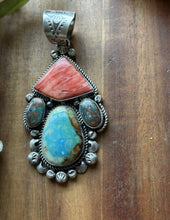 Load image into Gallery viewer, Navajo Native Sterling Silver Multi Stone Turquoise Red Spiny Oyster Pendant RY