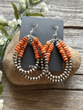 Load image into Gallery viewer, Sterling Silver Double Loop Orange Spiny Oyster Pearls Hoop Earrings.