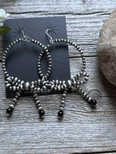 Load image into Gallery viewer, Sterling Silver Bow Black Onyx Pearls Hoop Bead Earrings 3.5 Inch