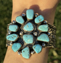 Load image into Gallery viewer, Native American Sterling Silver Blue Turquoise Cluster Cuff Bracelet T Jon