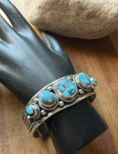 Load image into Gallery viewer, Navajo Native American Sterling Silver Blue Turquoise Row Cuff Bracelet J Nelson