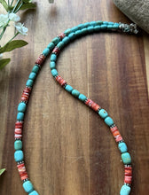 Load image into Gallery viewer, Sterling Silver Graduated Turquoise Heishi Spiny Oyster Bead Necklace 23 Inch