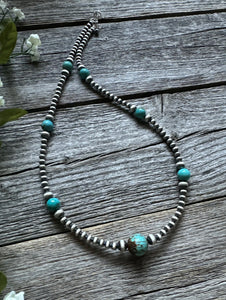 Southwestern Sterling Silver Turquoise 4mm Pearls Bead Necklace. 22 Inch. Gift