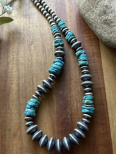 Load image into Gallery viewer, Sterling Silver Blue Turquoise W Flat Saucer Pearls Bead Necklace. 18 inch