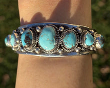 Load image into Gallery viewer, Navajo Native American Sterling Silver Blue Turquoise Row Cuff Bracelet J Nelson