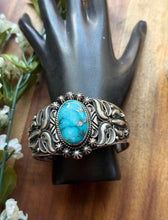 Load image into Gallery viewer, Rick Werito Sonoran Rose Turquoise Sterling Silver Stamped Cuff Bracelet. Navajo