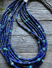 Load image into Gallery viewer, Sterling Silver Multi Strand Stone Lapis Turquoise Bead Necklace. 30 inch