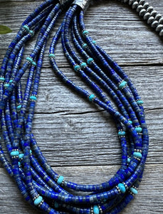 Sterling Silver Multi Strand Stone Lapis Turquoise Bead Necklace. 30 inch