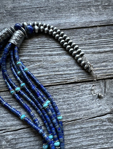 Sterling Silver Multi Strand Stone Lapis Turquoise Bead Necklace. 30 inch