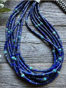 Sterling Silver Multi Strand Stone Lapis Turquoise Bead Necklace. 30 inch