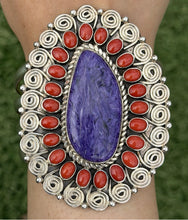 Load image into Gallery viewer, Tonya Rafael Navajo Sterling Silver Purple Charoite Coral Cluster Cuff Bracelet