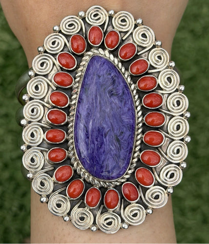 Tonya Rafael Navajo Sterling Silver Purple Charoite Coral Cluster Cuff Bracelet