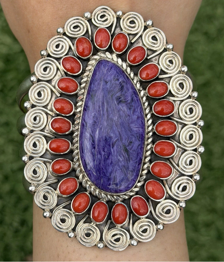 Tonya Rafael Navajo Sterling Silver Purple Charoite Coral Cluster Cuff Bracelet