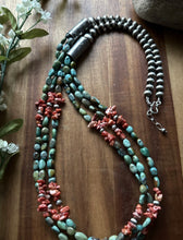 Load image into Gallery viewer, Sterling Silver Multi Strand Blue Green Turquoise Spiny Oyster Bead Necklace 30”