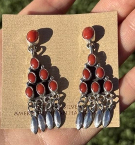 Navajo Native American Sterling Silver Red Coral Cluster Earrings. Gift Geneva