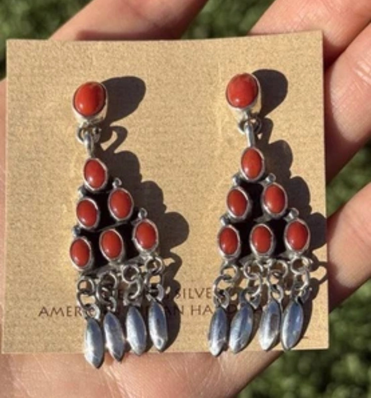 Navajo Native American Sterling Silver Red Coral Cluster Earrings. Gift Geneva