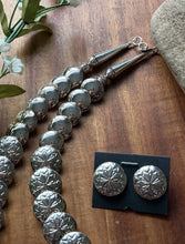 Load image into Gallery viewer, Navajo Sterling Silver Turquoise Stamped Pillow Beads Bead Necklace Earrings 22”