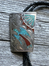 Load image into Gallery viewer, Native American 925 Sterling Silver Turquoise Coral Inlay Bolo Tie Pendant