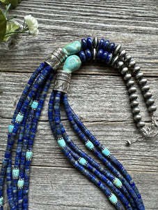 Sterling Silver Multi Strand Stone Lapis Turquoise Bead Necklace. 28 inch