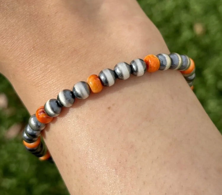 Genuine Orange Spiny Oyster 6mm 7 Inch 925 Sterling Silver Pearls Bead Bracelet