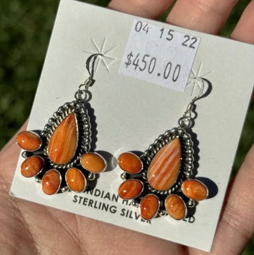 Navajo 925 Sterling Silver Orange Spiny Oyster Handmade Earrings C Wylie
