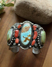 Load image into Gallery viewer, Navajo Native American Sterling Silver Royston Turquoise Coral Cuff Bracelet CY