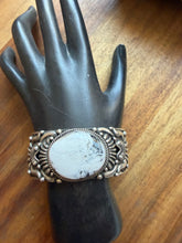 Load image into Gallery viewer, Navajo sterling silver white buffalo turquoise cuff bracelet