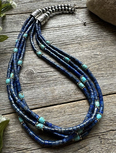 Sterling Silver Multi Strand Lapis  Turquoise Pearls Bead Necklace. 24 inch