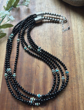 Load image into Gallery viewer, Sterling Silver Multi Strand Black Onyx Turquoise Bead Necklace. 22 Inch