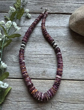 Load image into Gallery viewer, Sterling Silver Graduated Purple Spiny Oyster W Pearls Saucer Bead Necklace. 18”