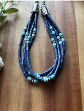 Load image into Gallery viewer, Sterling Silver Multi Strand Heishi Lapis Turquoise Pearls Bead Necklace 18 inch